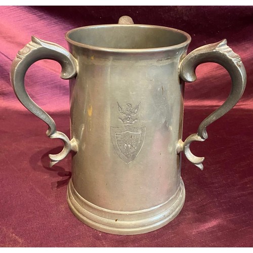 685 - A 19th century tri-handled presentation rowing tankard, dated 1888, in pewter / All lots are located... 