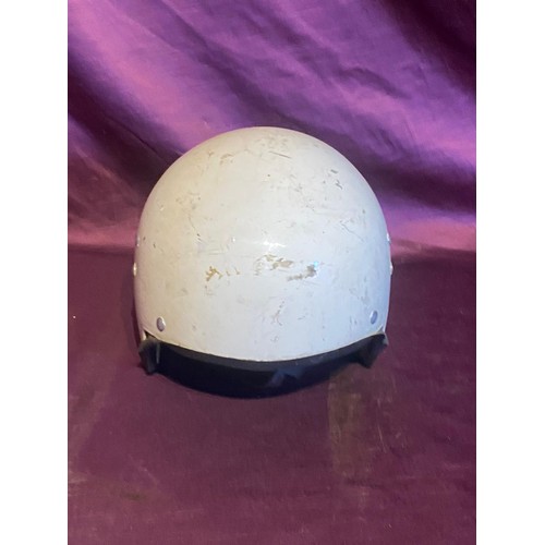 858 - Vintage safety helmet, mid-20th century, showcases a white painted exterior with rivet detailing and... 