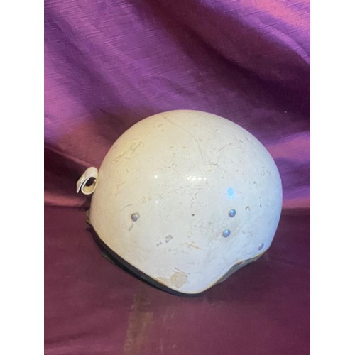 858 - Vintage safety helmet, mid-20th century, showcases a white painted exterior with rivet detailing and... 