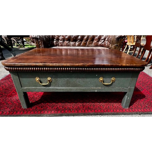 512 - A flame mahogany topped coffee table, created from reclaimed elements with painted pine four legged ... 