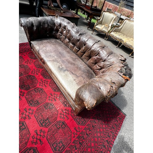 511 - Early 19th century horse-hair filled tanned leather solid buttoned Chesterfield sofa, in work condit... 