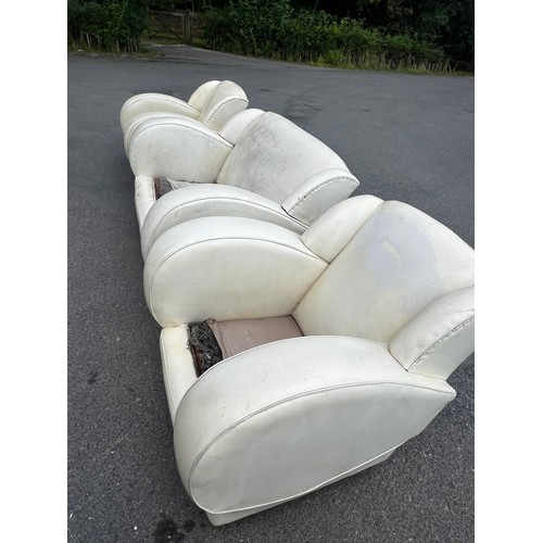 519 - Original art deco three seater sofa and two chairs, in leatherette upholstery, seat requiring recove... 