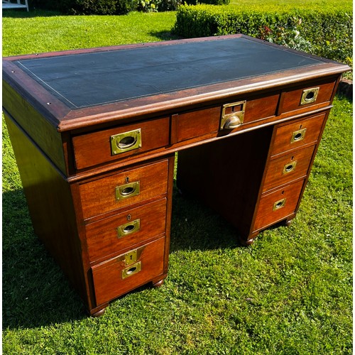 697 - Early 20th century ships campaign desk with single topped drawer, twinned pedestals and three drawer... 