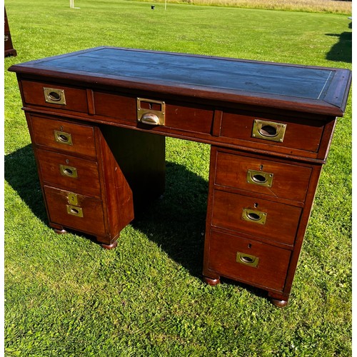 697 - Early 20th century ships campaign desk with single topped drawer, twinned pedestals and three drawer... 