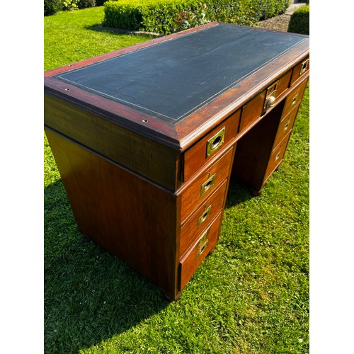 697 - Early 20th century ships campaign desk with single topped drawer, twinned pedestals and three drawer... 