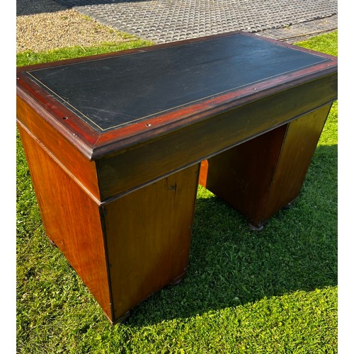 697 - Early 20th century ships campaign desk with single topped drawer, twinned pedestals and three drawer... 