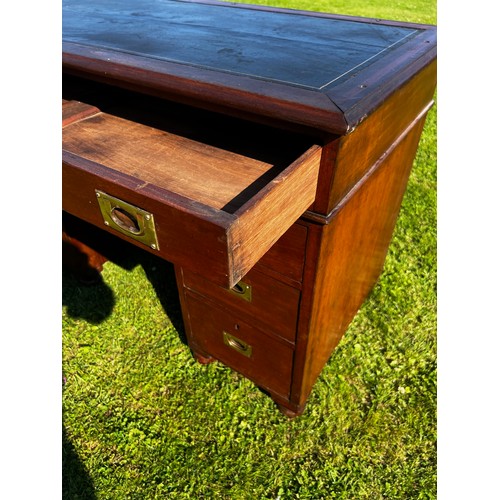 697 - Early 20th century ships campaign desk with single topped drawer, twinned pedestals and three drawer... 