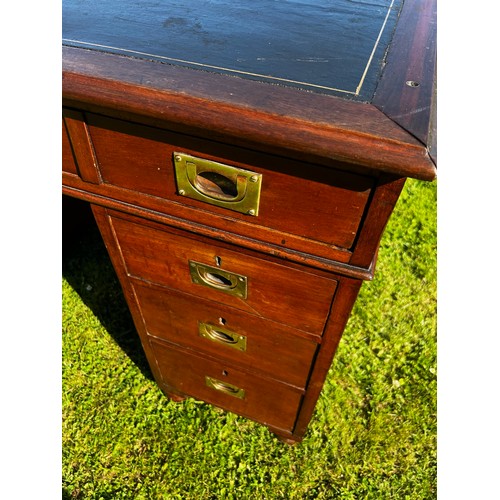 697 - Early 20th century ships campaign desk with single topped drawer, twinned pedestals and three drawer... 