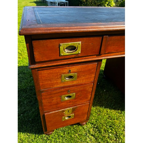 697 - Early 20th century ships campaign desk with single topped drawer, twinned pedestals and three drawer... 