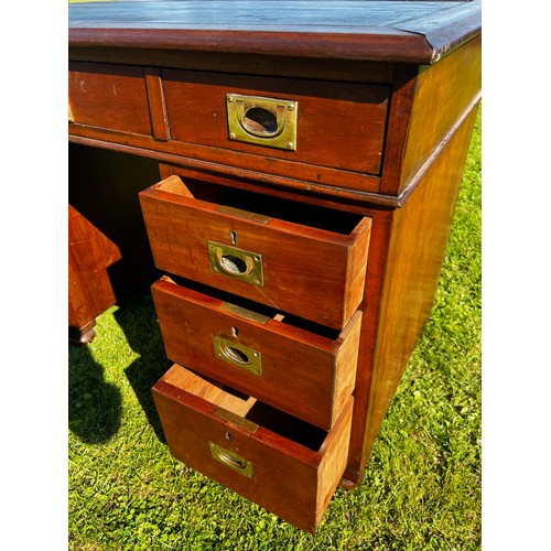 697 - Early 20th century ships campaign desk with single topped drawer, twinned pedestals and three drawer... 