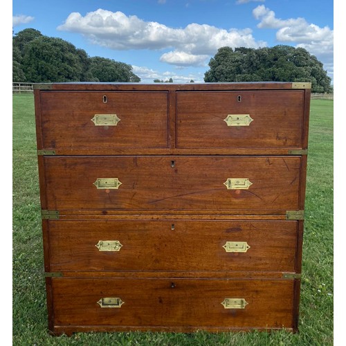 699 - A first qtr. 19th century military campaign chest of two parts, full brass bound with unusual shaped... 