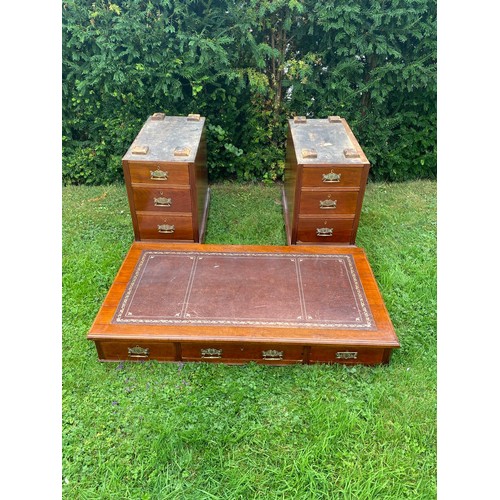 702 - A mid-19th century twin pedestal desk in walnut with separate top having three sectional tooled leat... 