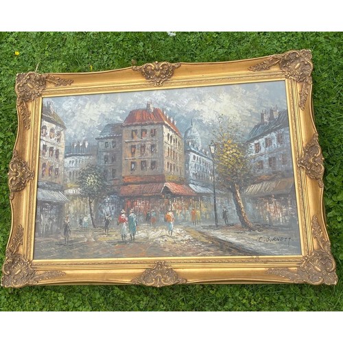 943 - A large 20th century Parisian street scene oil on canvas, signed C. Burnett, in large ornate gilt fr... 