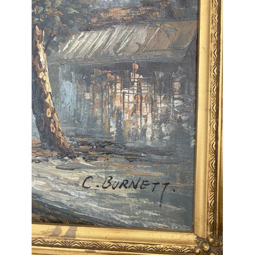 943 - A large 20th century Parisian street scene oil on canvas, signed C. Burnett, in large ornate gilt fr... 