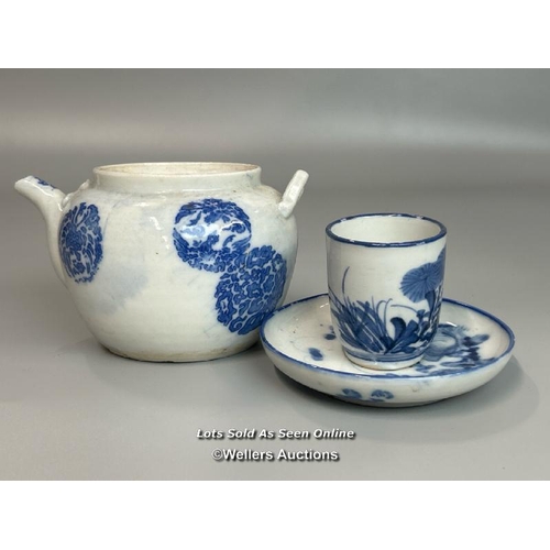 2 - A small Chinese blue & white tea pot (as found) blue & white with a cup and saucer / AN1