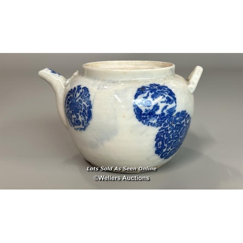 2 - A small Chinese blue & white tea pot (as found) blue & white with a cup and saucer / AN1