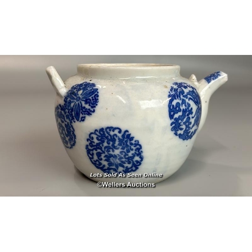 2 - A small Chinese blue & white tea pot (as found) blue & white with a cup and saucer / AN1