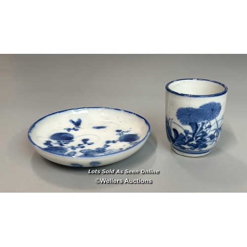 2 - A small Chinese blue & white tea pot (as found) blue & white with a cup and saucer / AN1