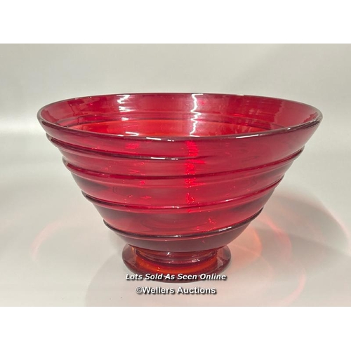 13 - A glass ruby red fruit bowl with applied ribbon pattern, unsigned, 25.5cm diameter, 15cm high / AN4