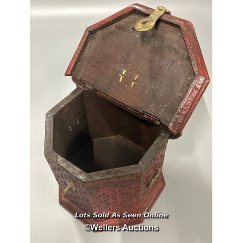 14 - Octagonal Chinese casket with brass fittings, 17cm high / AN4