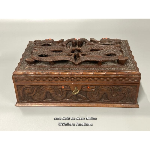 15 - Heavily carved Chinese hardwood jewellery box, raised Dragon decoration with key and working lock, 2... 