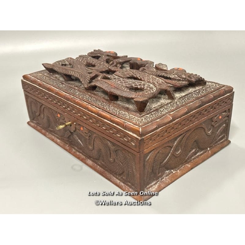 15 - Heavily carved Chinese hardwood jewellery box, raised Dragon decoration with key and working lock, 2... 