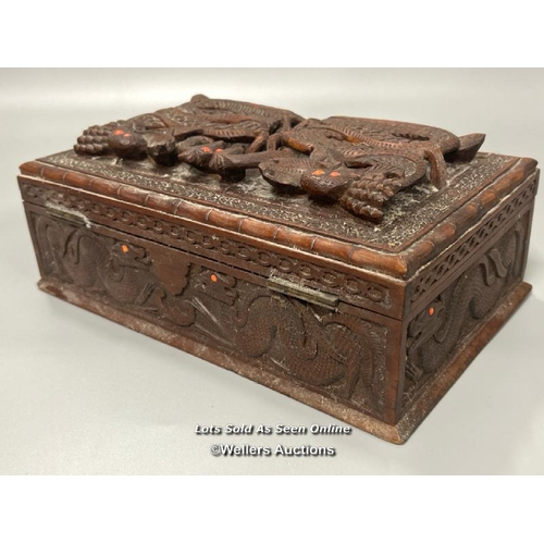 15 - Heavily carved Chinese hardwood jewellery box, raised Dragon decoration with key and working lock, 2... 