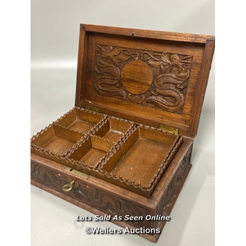 15 - Heavily carved Chinese hardwood jewellery box, raised Dragon decoration with key and working lock, 2... 