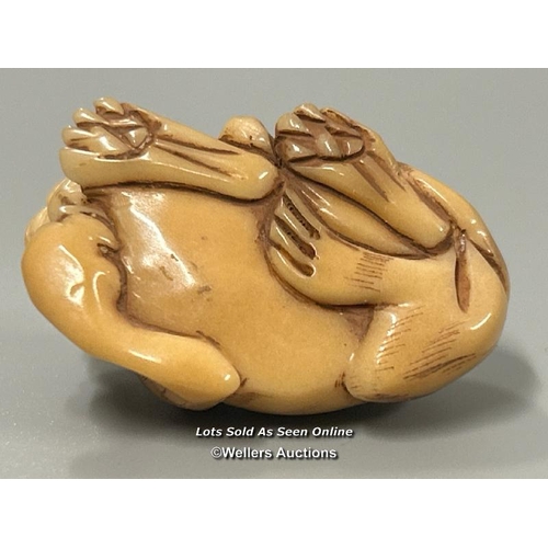 20 - Two carved tagua nut netsukes one in the form of a mother and child, 4.5cm high, the other in the fo... 