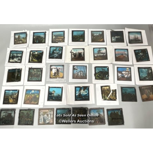 37 - A collection of forty-five Victorian glass slides for magic lantern, mostly military themed, 8 x 8cm... 