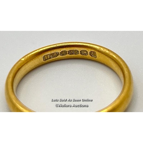 303 - 22ct gold wedding band, court profile, width 3.2mm, ring size M, gross weight 4.54g. Hallmarked 1955... 