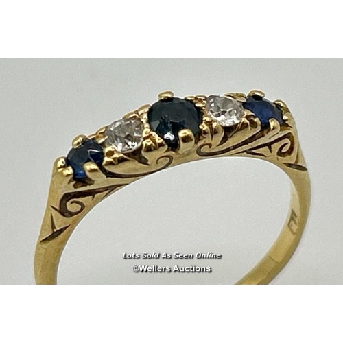 304 - A sapphire and diamond five stone carved style band in yellow metal stamped 18 and tested as 18ct go... 