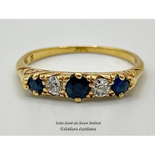 304 - A sapphire and diamond five stone carved style band in yellow metal stamped 18 and tested as 18ct go... 