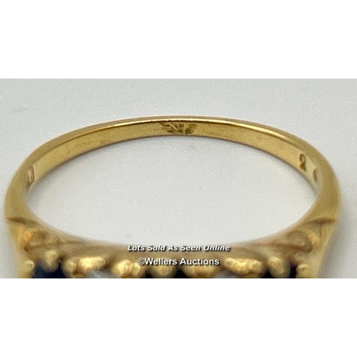 304 - A sapphire and diamond five stone carved style band in yellow metal stamped 18 and tested as 18ct go... 