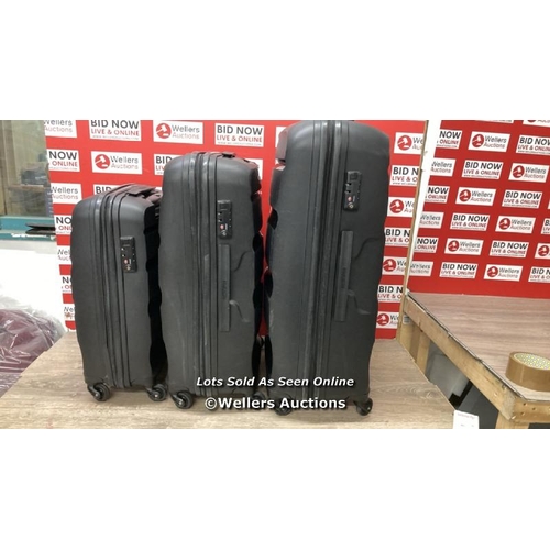 4089 - AMERICAN TOURISTER BON AIR 3 PC. BLACK SUIT CASE SET / SIGNS OF USE / ZIPS OK / WHEELS OK / ALL COMB... 