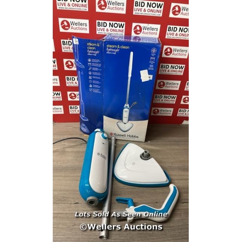 4134 - RUSSELL HOBBS RHSM1001-G STEAM AND CLEAN STEAM MOP WHITE & AQUA - FREE 2 YEAR GUARANTEE / POWERS UP ... 