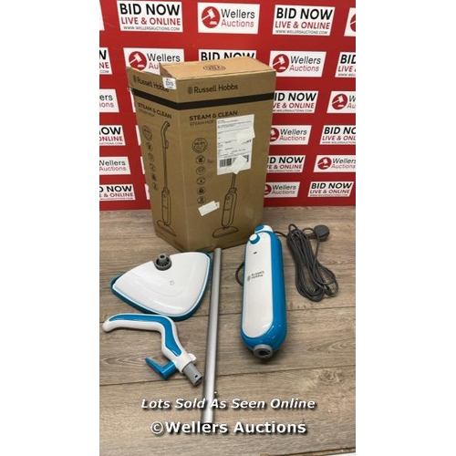 4140 - RUSSELL HOBBS RHSM1001-G STEAM AND CLEAN STEAM MOP WHITE & AQUA - FREE 2 YEAR GUARANTEE / POWERS UP ... 