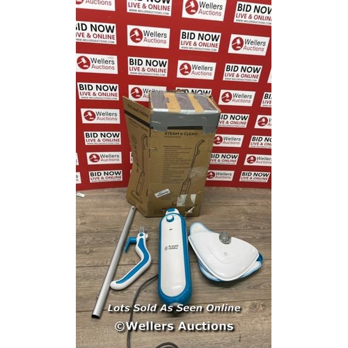 4142 - RUSSELL HOBBS RHSM1001-G STEAM AND CLEAN STEAM MOP WHITE & AQUA - FREE 2 YEAR GUARANTEE / POWERS UP ... 