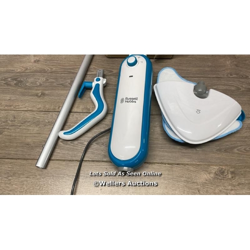 4142 - RUSSELL HOBBS RHSM1001-G STEAM AND CLEAN STEAM MOP WHITE & AQUA - FREE 2 YEAR GUARANTEE / POWERS UP ... 