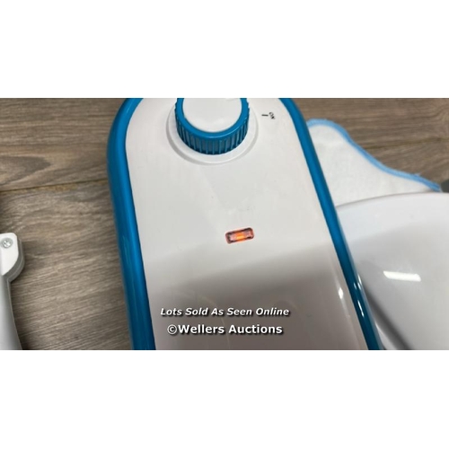 4142 - RUSSELL HOBBS RHSM1001-G STEAM AND CLEAN STEAM MOP WHITE & AQUA - FREE 2 YEAR GUARANTEE / POWERS UP ... 