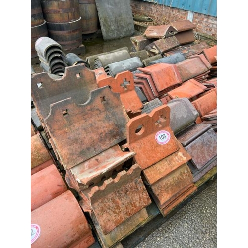 103 - Pallet of approx. x40 mixed ridge tiles inc. salt glazed and decorative terracotta, sizes vary