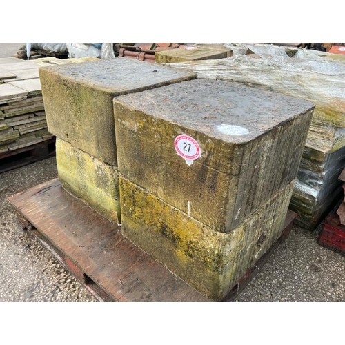 27 - X4 Large Yorkstone gate bases in square form, each measures approx. 57.5 l x 57 w x 33cm h