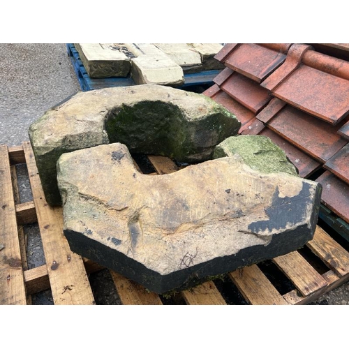 3 - A two-piece circular stone feature, possibly the base of a statue, measures approx. 95 dia x 27cm h