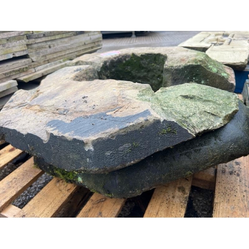 3 - A two-piece circular stone feature, possibly the base of a statue, measures approx. 95 dia x 27cm h