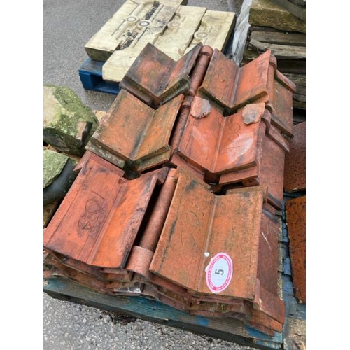 5 - Pallet of approx. x50 roll-top red ridge roof tiles, each measures 14