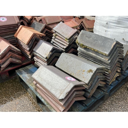 54 - Pallet of approx. x50 mixed blue and salt glazed ridge tiles, sizes and angles vary.