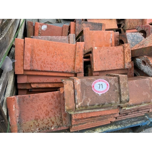 71 - Pallet of x50 assorted red ridge roof tiles, measures 45cm l