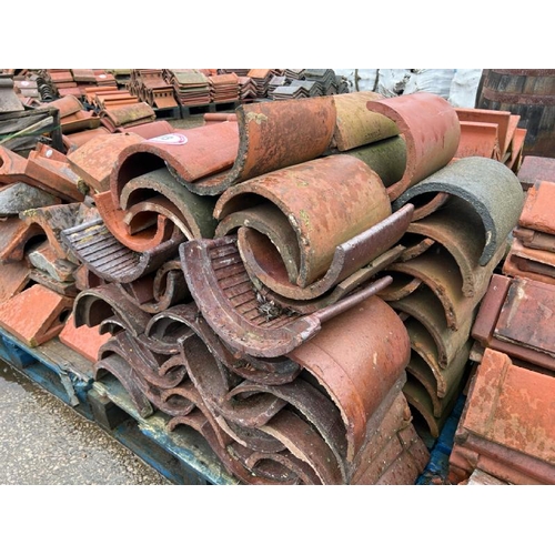 73 - Pallet of approx. x75 assorted terracotta, salt glazed and blue half round roof tiles, sizes and ang... 