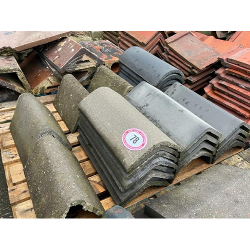 78 - Pallet of approx. x20 assorted roof tiles, blue half round and ridge tiles, sizes and angles vary