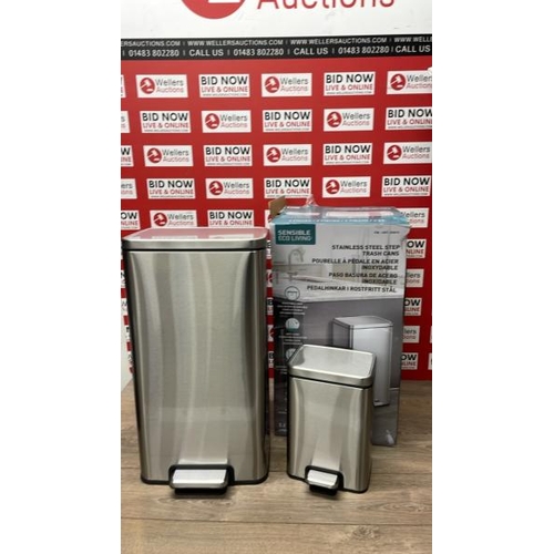 8054 - EKO STAINLESS STEEL 30L PEDAL BIN & 5.2L PEDAL BIN / NEW / SMALL BIN DAMAGED / CRACKED BOTTOM / SEE ... 